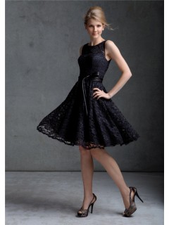A line scoop knee length black lace prom dress with sash