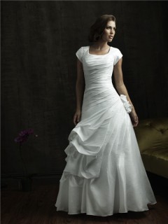 A line square cap sleeve taffeta modest wedding dress