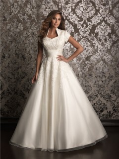 A line square chapel train modest wedding dress with short sleeves