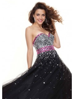 A line sweetheart floor length black red tulle prom dress with sequins