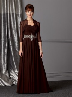 A line sweetheart long brown chiffon Mother of the bride dress with jacket