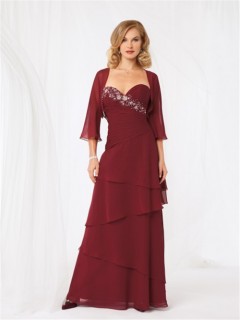 A line sweetheart long burgundy chiffon beaded mother of the bride dress with jacket