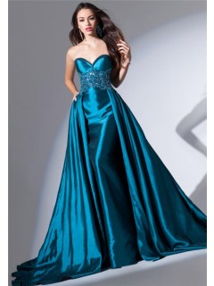 Amazing Strapless Sweetheart Long Teal Blue Taffeta Beaded Evening Dress With Train