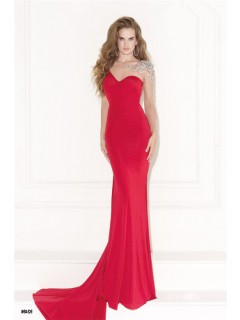 Asymmetric Sheath Red Satin See Through Tulle Beaded Evening Prom Dress