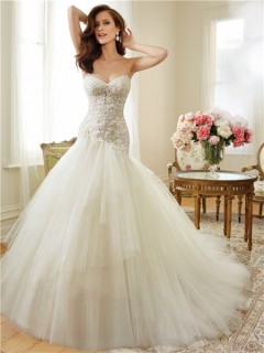 Asymmetrical Ball Gown Sweetheart Tulle Lace Beaded Corset Wedding Dress Detachable Straps