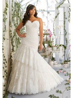 Asymmetrical Trumpet Sweetheart Corset Back Lace Ruched Plus Size Wedding Dress
