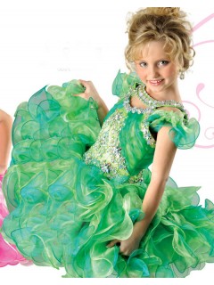 Ball Cut Out Short Green Organza Ruffle Beaded Tutu Girl Pageant Prom Dress