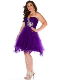 Ball Gowm Strapless Short Purple Tulle Beading Plus Size Party Prom Dress