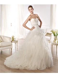 Ball Gown Sweetheart Feather Neckline Low Back Tulle Wedding Dress With Crystals Sash