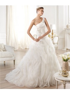 Ball Gown Asymmetrical One Shoulder Chiffon Draped Tulle Wedding Dress With Beading