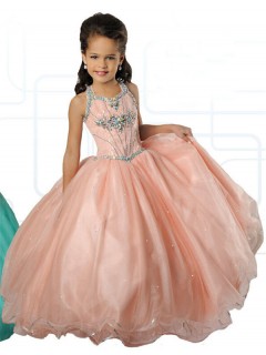 Ball Gown Halter Blush Pink Tulle Beaded Girl Pageant Prom Dress