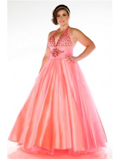 Ball Gown Halter Candy Pink Tulle Beaded Plus Size Party Prom Dress