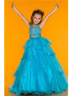 Ball Gown Halter Long Turquoise Ruffle Beading Little Flower Girl Party Prom Dress
