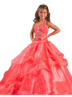 Ball Gown Halter Watermelon Red Organza Ruffle Beaded Little Girls Party Prom Dress
