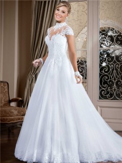 Ball Gown High Neck Cap Sleeve Keyhole Back Lace Tulle Wedding Dress