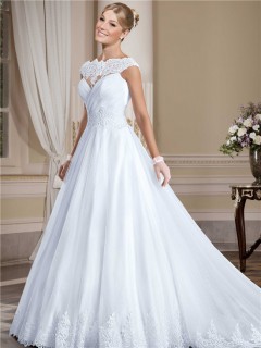 Ball Gown High Neck Sheer Back Tulle Lace Wedding Dress With Cap Sleeves