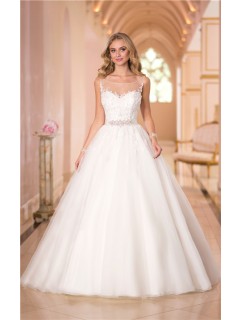 Ball Gown Illusion Bateau Neckline Tulle Lace Corset Wedding Dress With Sash