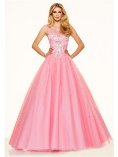 Ball Gown Illusion Neckline Open Back Corset Light Pink Tulle Beaded Prom Dress