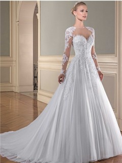 Ball Gown Illusion Neckline Sheer Long Sleeve See Through Tulle Lace Wedding Dress