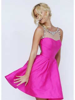 Ball Gown Illusion Neckline Short Hot Pink Taffeta Tulle Beaded Prom Dress
