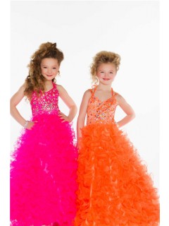 Ball Gown Long Orange Tulle Ruffle Little Flower Girl Prom Dress With Straps