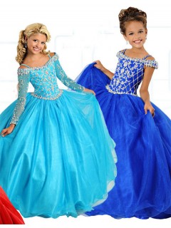 Ball Gown Off The Shoulder Long Sleeve Turquoise Tulle Beaded Girl Pageant Dress