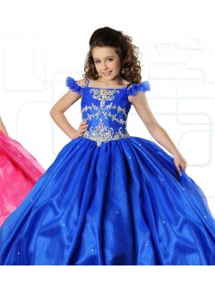 Ball Gown Off The Shoulder Royal Blue Organza Beaded Girl Party Dress With Straps