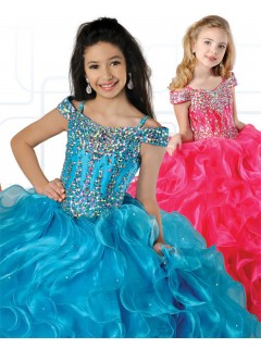 Ball Gown Off The Shoulder Turquoise Organza Ruffle Beaded Girl Pageant Dress