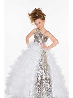Ball Gown One Shoulder Long Silver Sequin White Organza Ruffle Little Girl Prom Dress