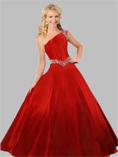 Ball Gown One Shoulder Red Taffeta Beaded Teen Prom Dress