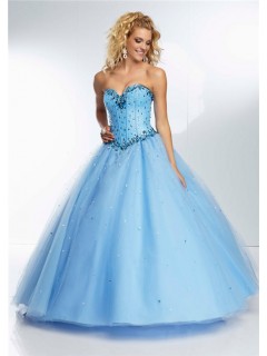 Ball Gown Princess Sweetheart Light Sky Blue Tulle Beaded Prom Dress Corset Back