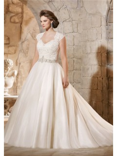 Ball Gown Queen Anne Neckline Illusion Back Tulle Plus Size Wedding Dress