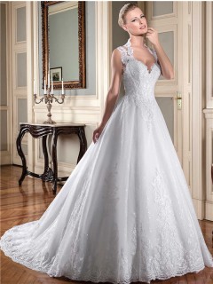 Ball Gown Queen Anne Neckline Sheer Back Lace Tulle Glitter Wedding Dress