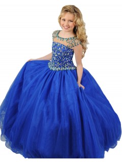 Ball Gown Round Neck Cap Sleeve Royal Blue Tulle Beaded Girl Party Prom Dress