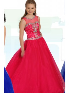 Ball Gown Round Neck Keyhole Back Hot Pink Tulle Beaded Teen Prom Dress