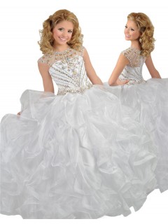 Ball Gown Round Neck White Organza Ruffle Girl Pageant Prom Dress