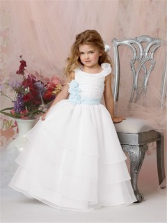 Ball Gown Scoop Floor Length White Organza Flower Girl Dress with Flowers Sash