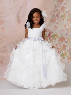 Ball Gown Scoop Floor Length White Organza Flower Girl Dress with Ruffles Bow