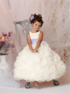 Ball Gown Scoop Floor Length Ivory Organza Puffy Flower Girl Dress With Ruffles