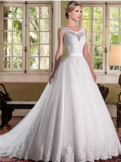 Ball Gown Scoop Neck Sheer Back Lace Tulle Glitter Wedding Dress With Sash
