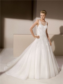 Ball Gown Sheer Illusion Boat Neckline Tulle Applique Beaded Wedding Dress