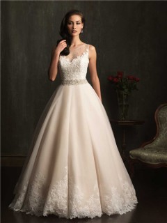 Ball Gown Sheer Illusion Neckline Champagne Lace Tulle Wedding Dress With Belt