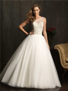 Ball Gown Sheer Illusion Neckline Tulle Beaded Wedding Dress With Low Back
