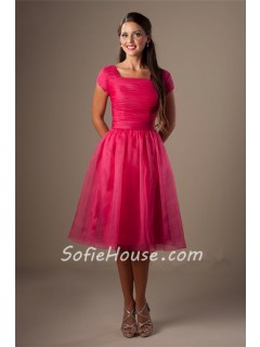 Ball Gown Square Neck Hot Pink Organza Short Modest Party Bridesmaid Dress