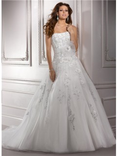 Ball Gown Strapless Beaded Lace Organza Wedding Dress With Flower Sash