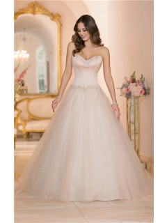 Ball Gown Strapless Blush Pink Colored Satin Tulle Wedding Dress Corset Back