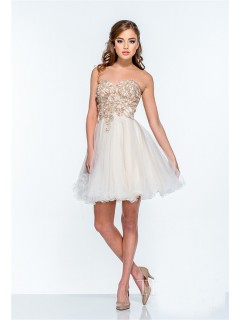 Ball Gown Strapless Ivory Tulle Beaded Mini Tutu Prom Dress