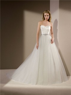 Ball Gown Strapless Ruched Satin Glitter Tulle Wedding Dress Crystals Beaded Sash