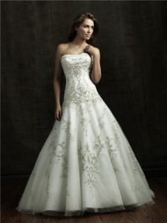 Ball Gown Strapless Satin Tulle Wedding Dress With Sparkle Embroidery Beading