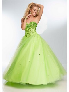 Ball Gown Strapless Sweetheart Corset Back Long Lime Green Tulle Beaded Prom Dress